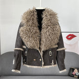 Jessie Rabbit Fur Collar Short Sheepskin Coat