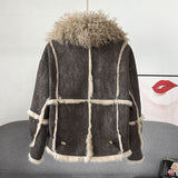 Jessie Rabbit Fur Collar Short Sheepskin Coat