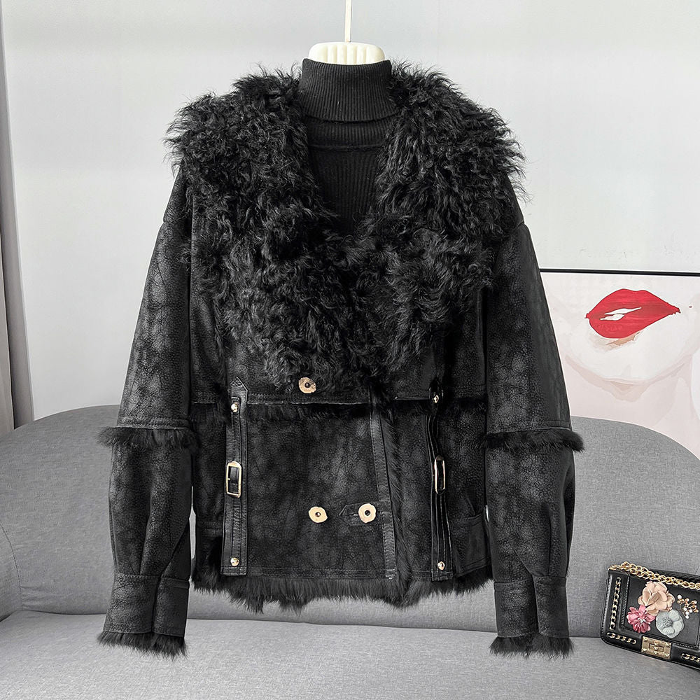 Jessie Rabbit Fur Collar Short Sheepskin Coat