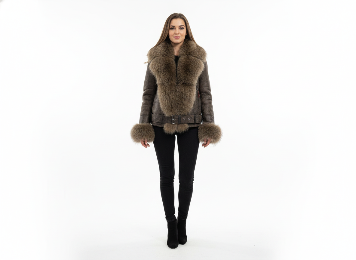 Short Brown Sheepskin with Brown Fox Fur
