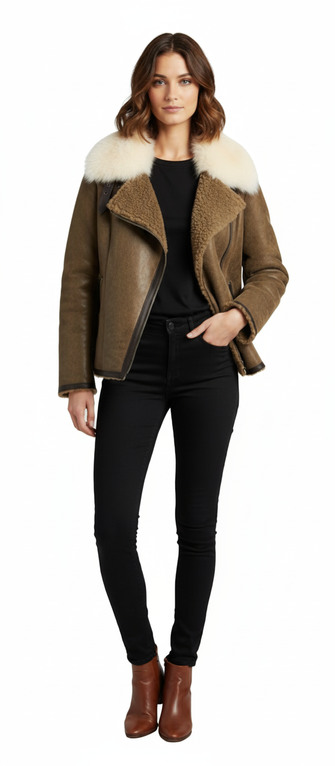 Short Cofee Sheepskin with White Fur Collar