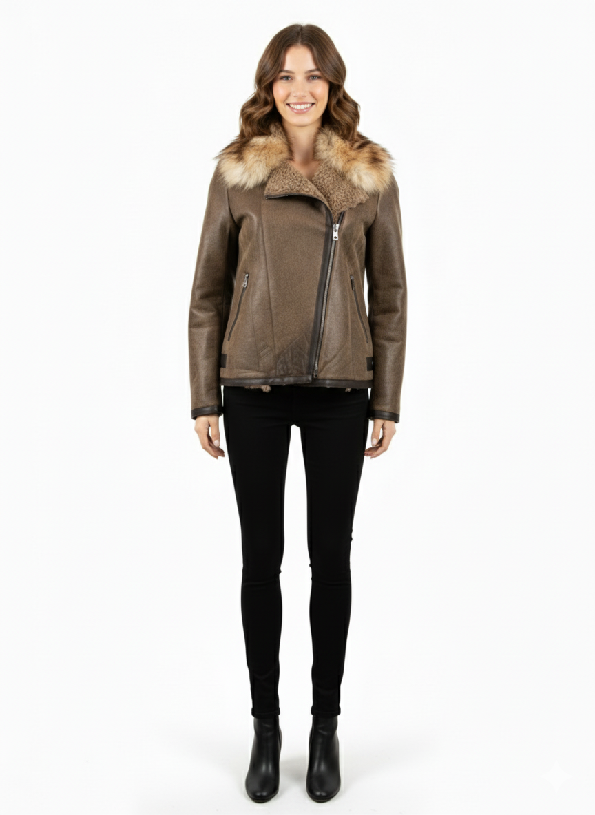 Short Coffee Sheepskin with White Amber Fox Fur