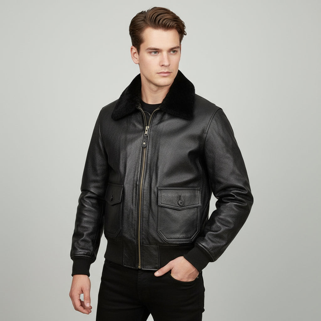 Detachable Fur Collar Flight Suit Cowhide Leather Jacket