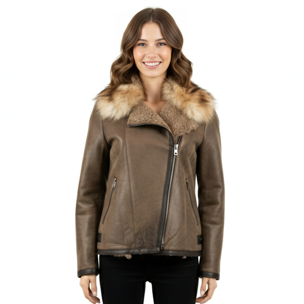 Short Coffee Sheepskin with White Amber Fur