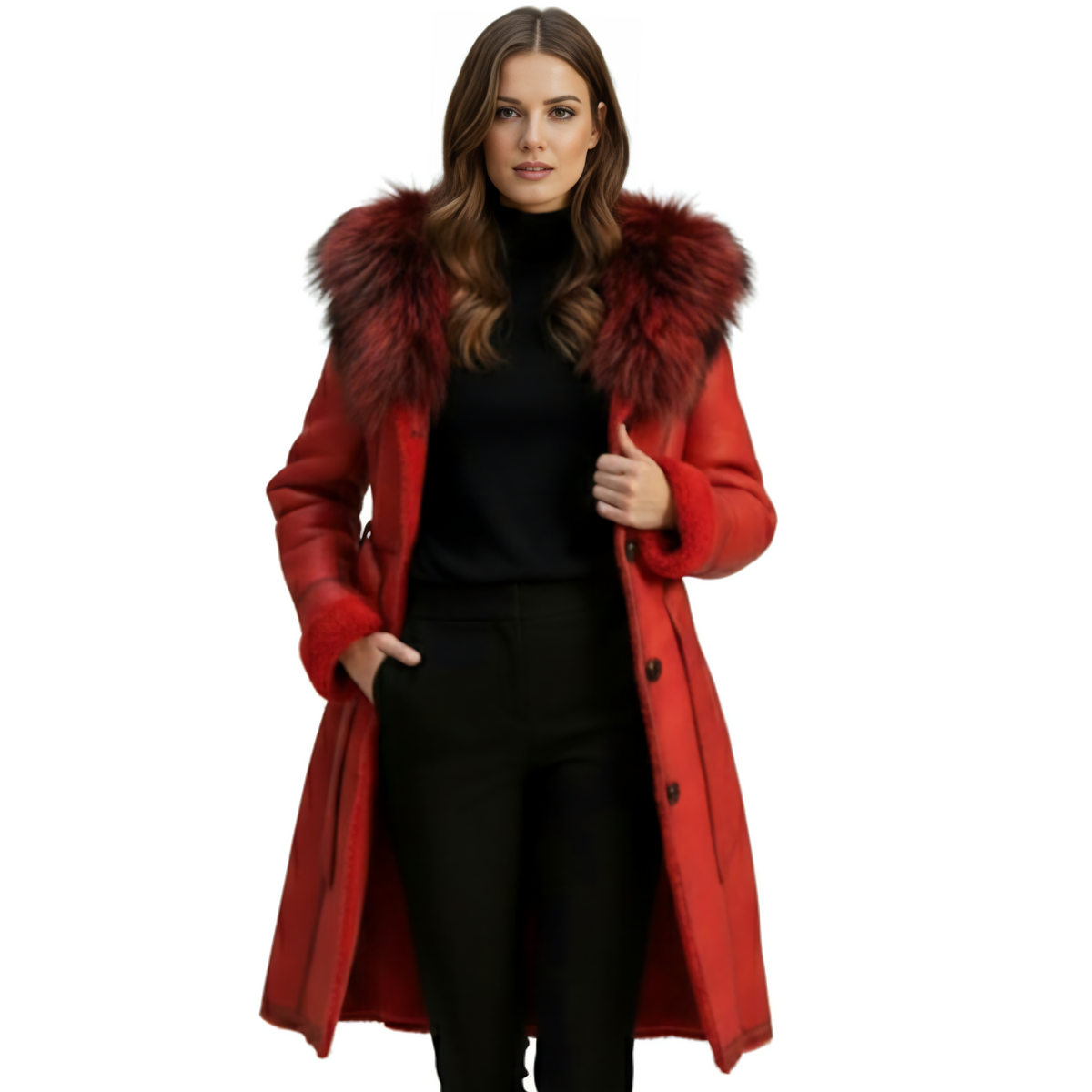 Red Long Sheepskin Furcollar