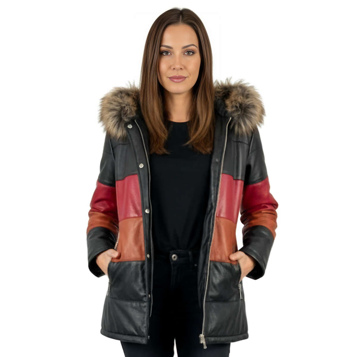 Tri colored Leather with fur hood